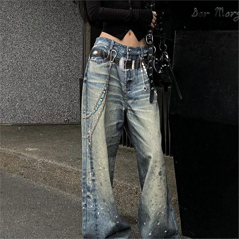 Splashed Ink-stained Jeans Female Chain Pendant Print Floor-dragging Pants