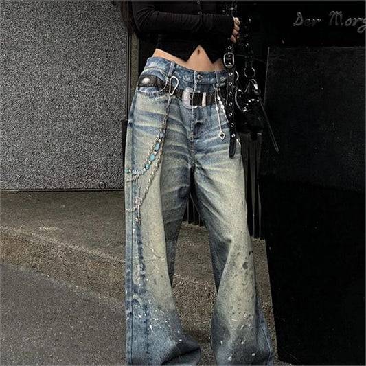 Splashed Ink-stained Jeans Female Chain Pendant Print Floor-dragging Pants
