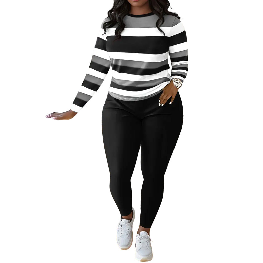 Stylish Striped Print Crew-neck Long-sleeve Pants Set