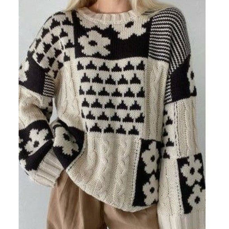 Square Flower Casual Loose Round Neck Pullover Sweater