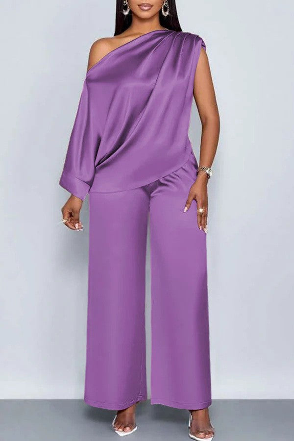 Spot 2026 European And American Cross-border Summer Casual Women's Satin Suit Slanted Collar Short-sleeved Top Trousers Set