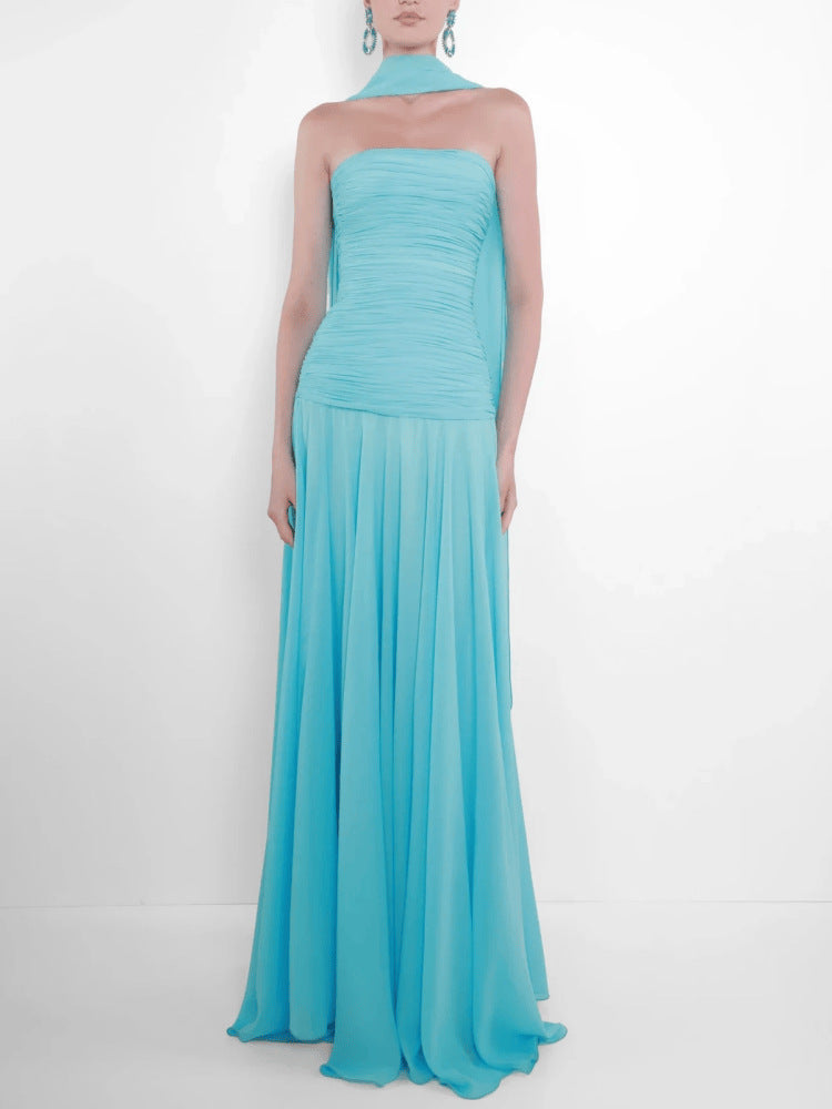 Strapless Pleated Dress With Fluttering Ribbons An Elegant Sophisticated Maxi Gown
