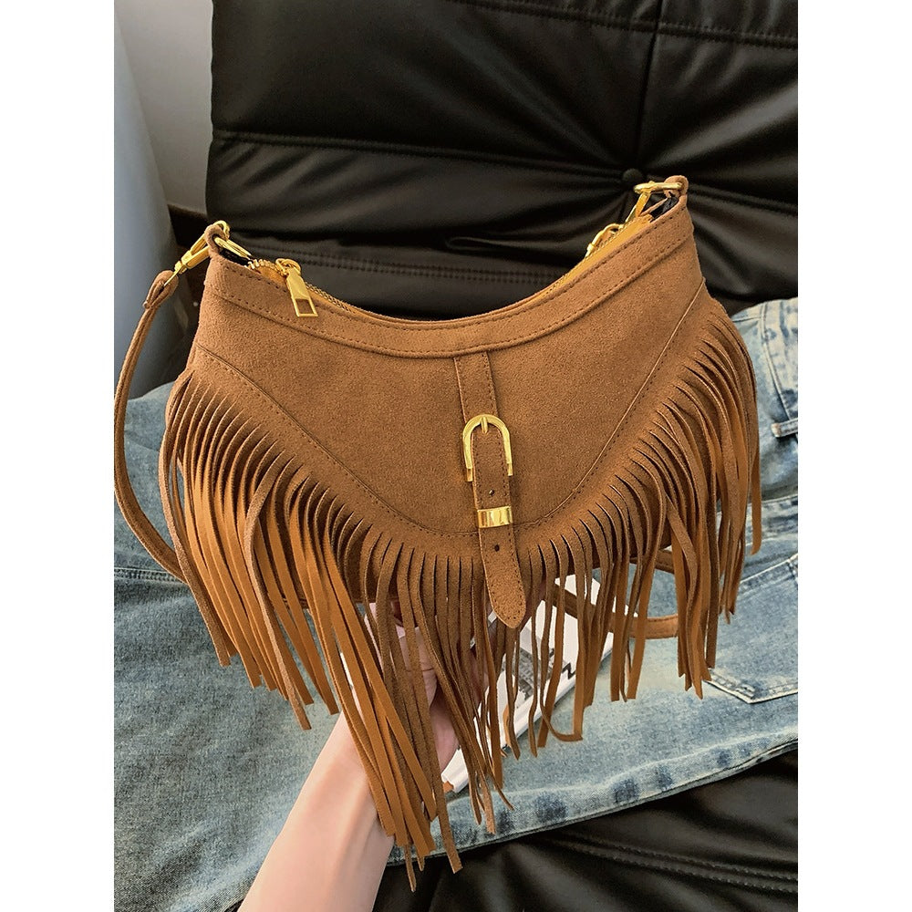 Maillard Brown Tassel Retro Versatile Crossbody Bag