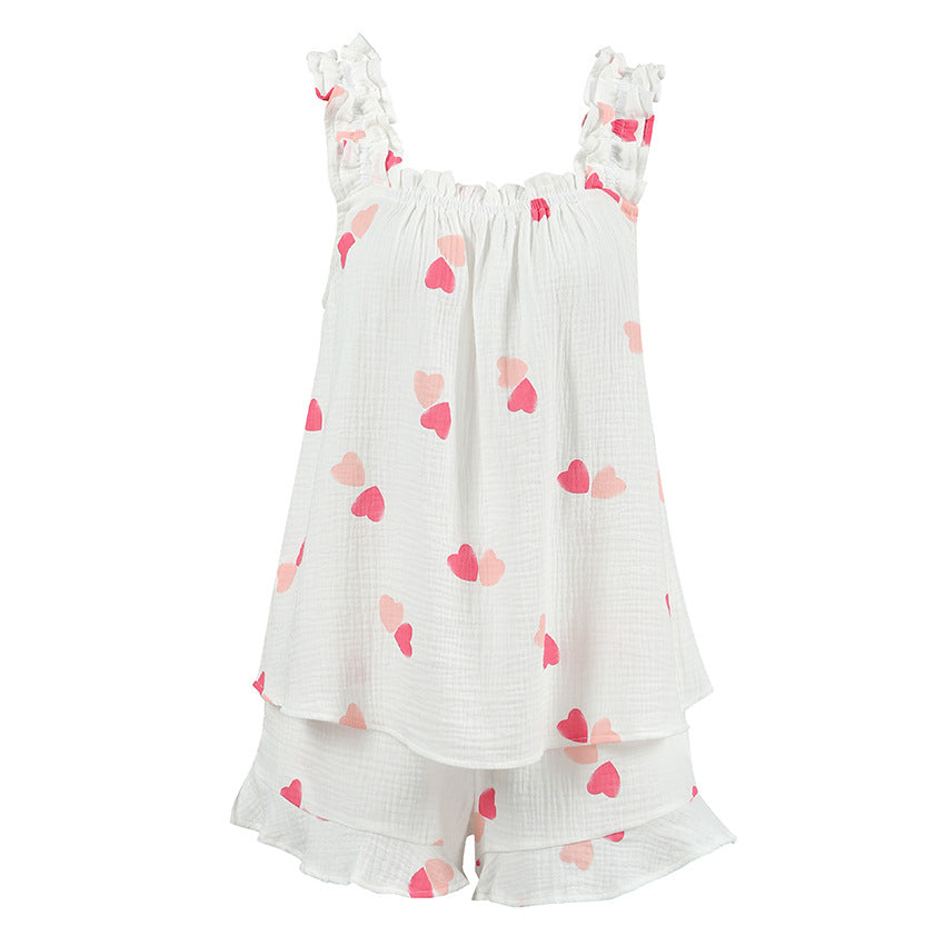 Pure Cotton Sweet Printed Ruffle-Trim Cami Shorts Two-Piece Set