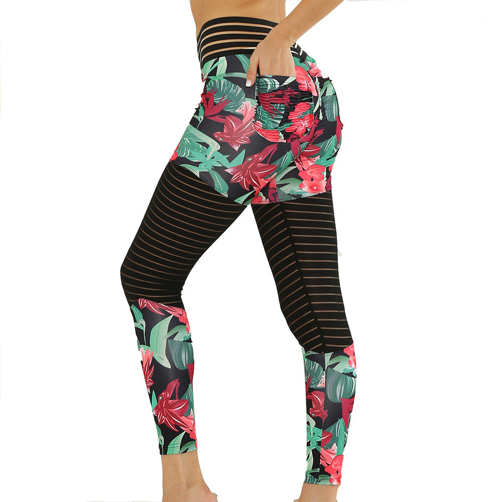 Lace Stitching Printed Peach Hip Pocket Yoga Pants
