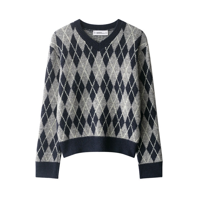 Fashion Diamond Pattern Knit Sweater For Women