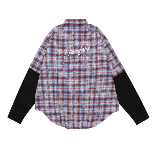 Tie-dye Blooming Plaid Shirt Men's False Two Pieces