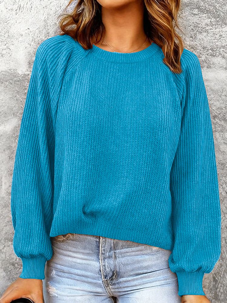 Fashionable Solid-Color Waffle-Knit Long-Sleeve Pullover Top