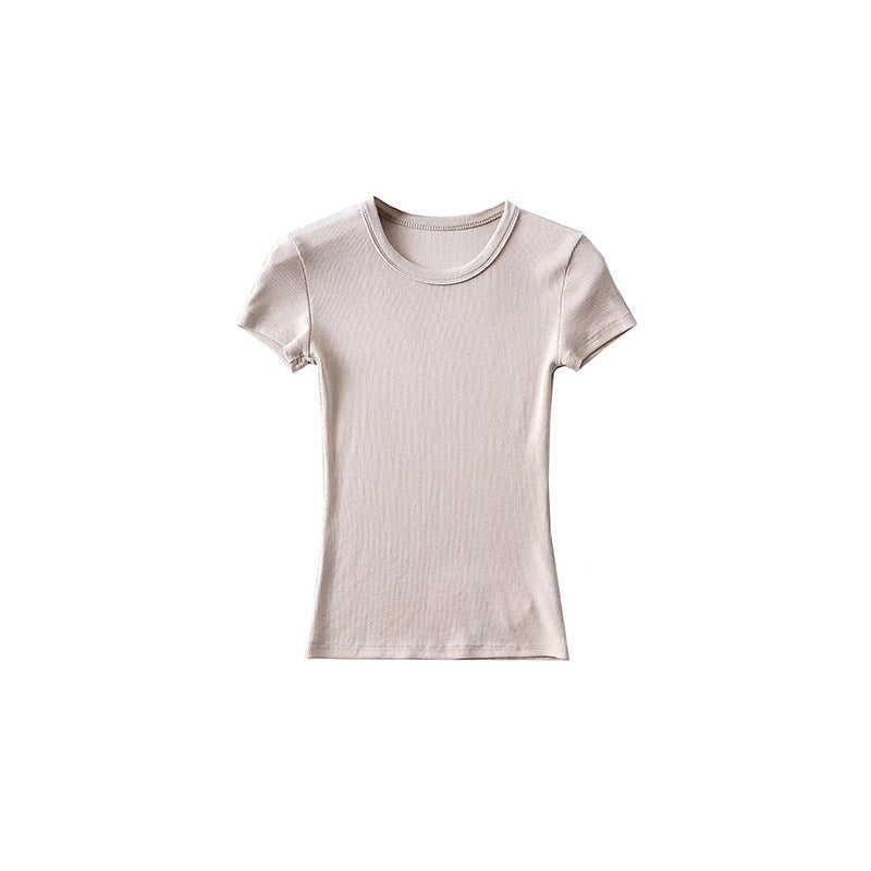 Basic Style Round Neck Tight Stretch Solid Color Short Sleeve T-shirt Top