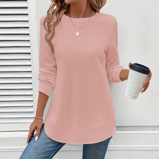 Round Neck Long Sleeve Solid Color Top Waffle T-shirt For Women