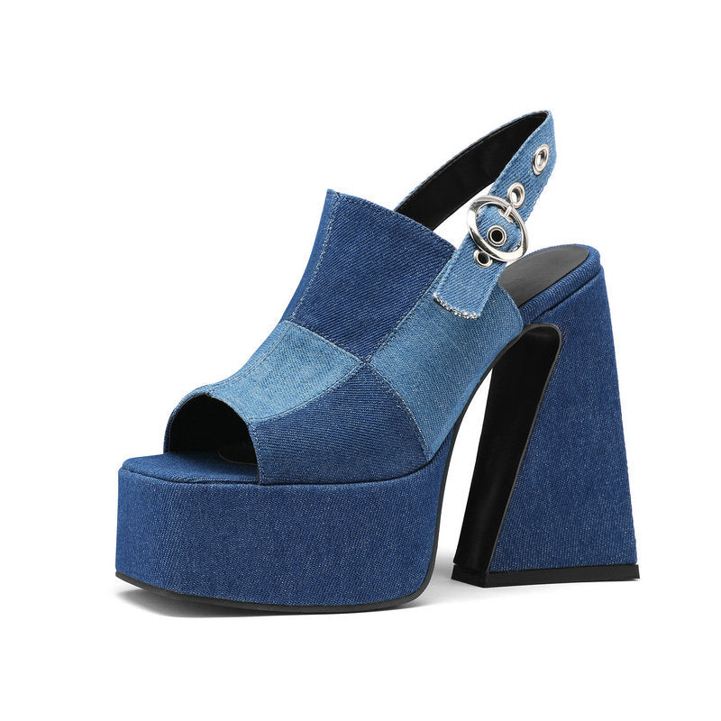 Thick Heel Super High Heel Denim Buckle Strap Peep Toe Sandals