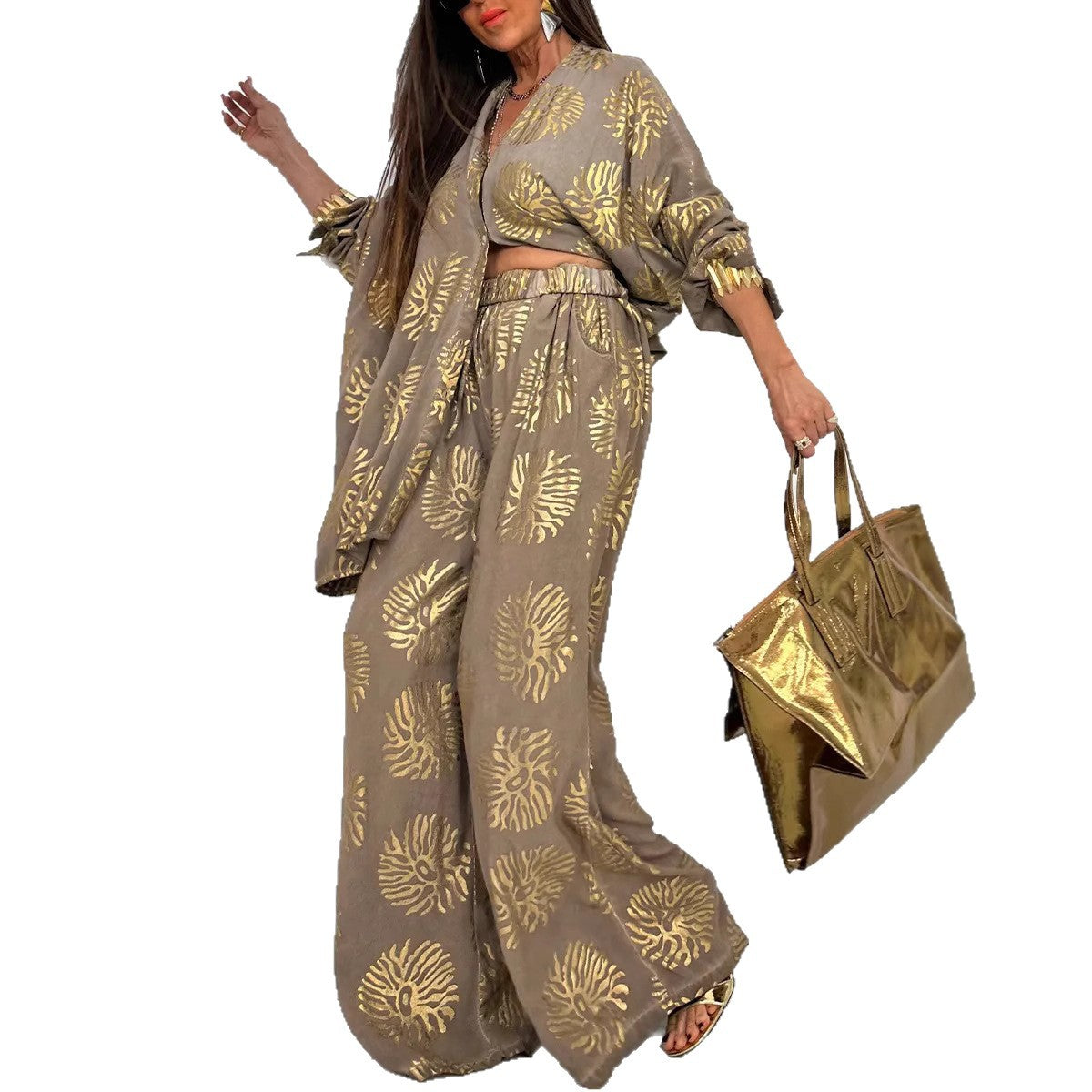 Women's Lapel Print Loose Casual Long Sleeve Set