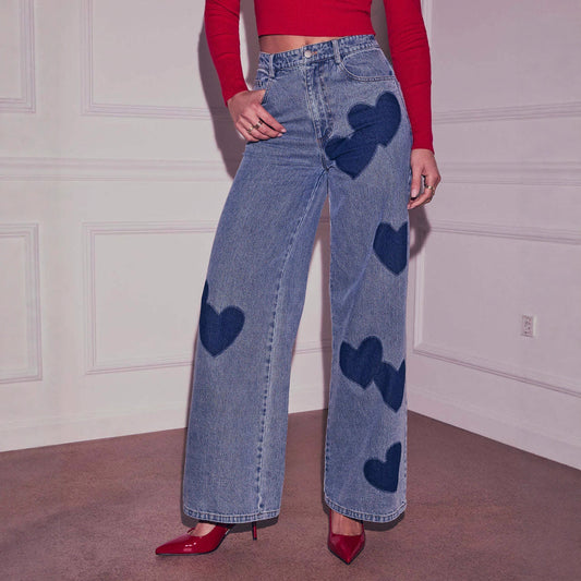 Retro Washed Relaxed Fit Wide Leg Denim Jeans With A Heart Print Design