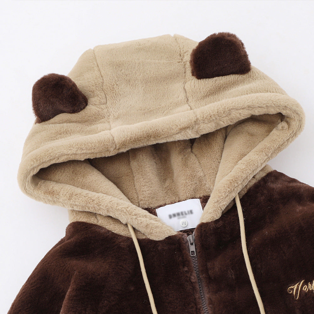 Cute Embroidered Bear Ear Hooded Lamb Plush Coat