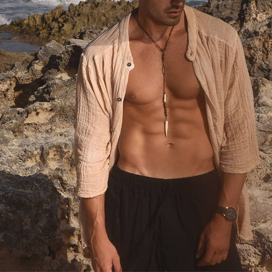 Solid-color Cotton-linen Shirt Mens Long-sleeve Shirt