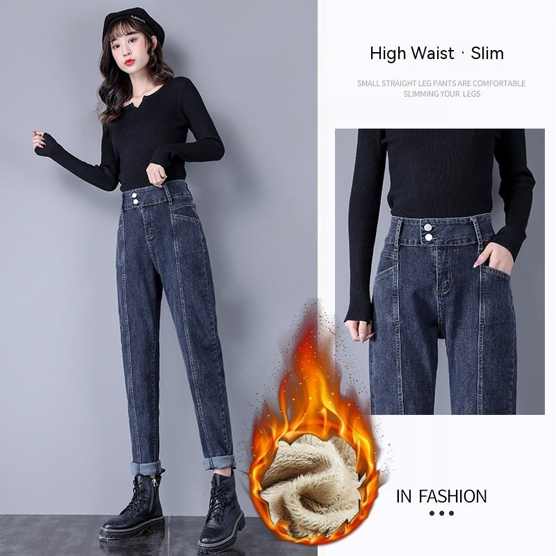 Kvinders højtaljede fløjlsforede Harem Jeans