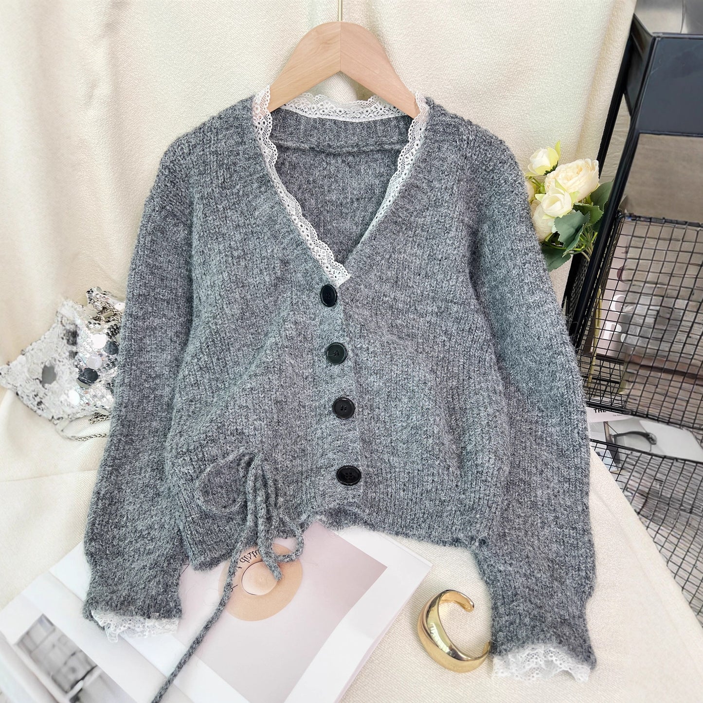 Stitching Lace Fashion Casual Knitted Cardigan V-neck Women's Sweater