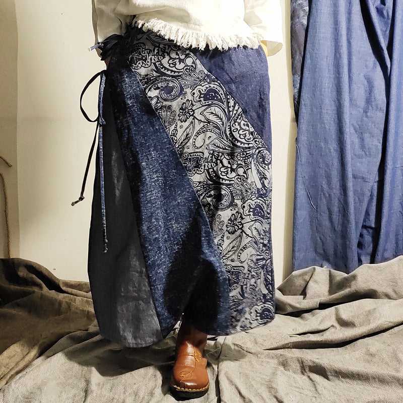 Temperament Commute Retro Half-length Stitching Blue Long Skirt Skirt