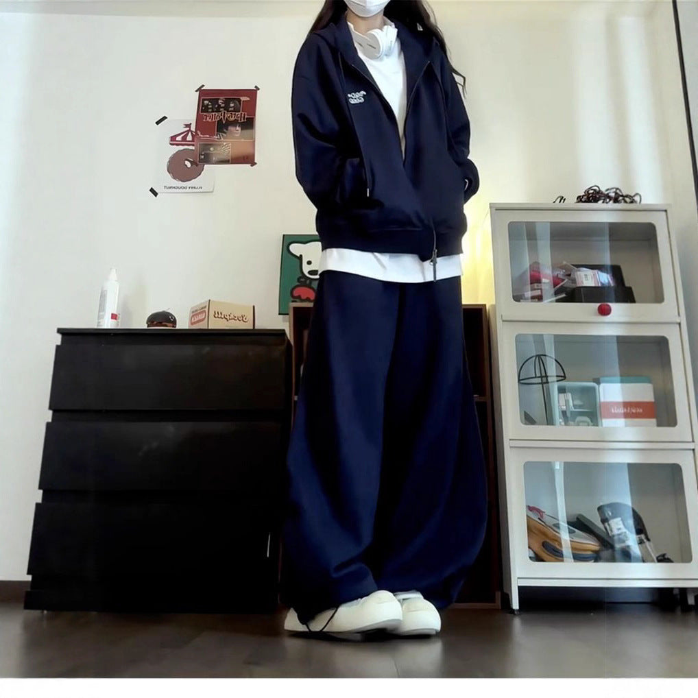 Women's Navy Blue Casual Hooded Zip-up Sweatshirt For Autumn And Winter