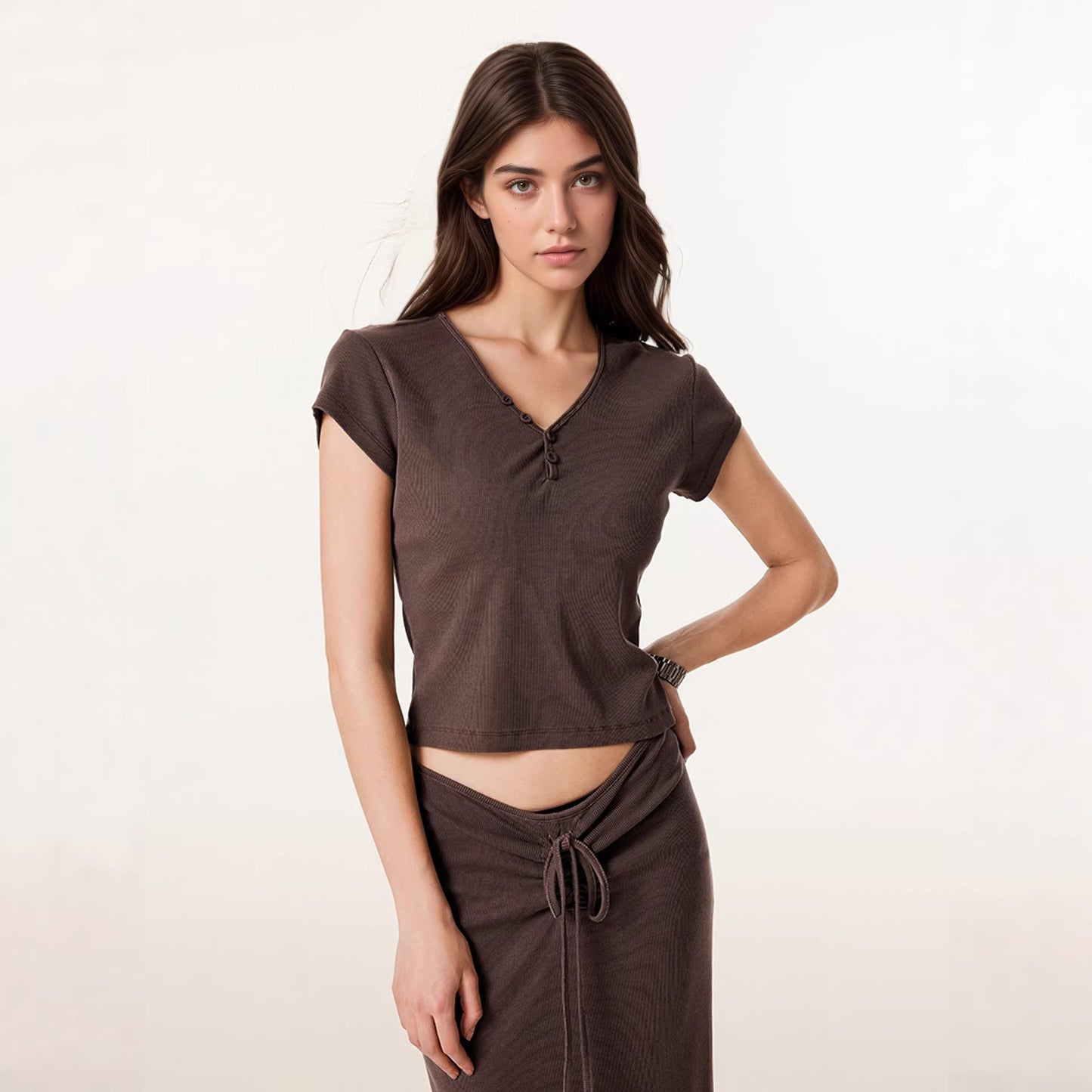 Small V-neck Drawstring Slimming Hip-hugging Skirt And V-neck Short-sleeve Top Womens New Set