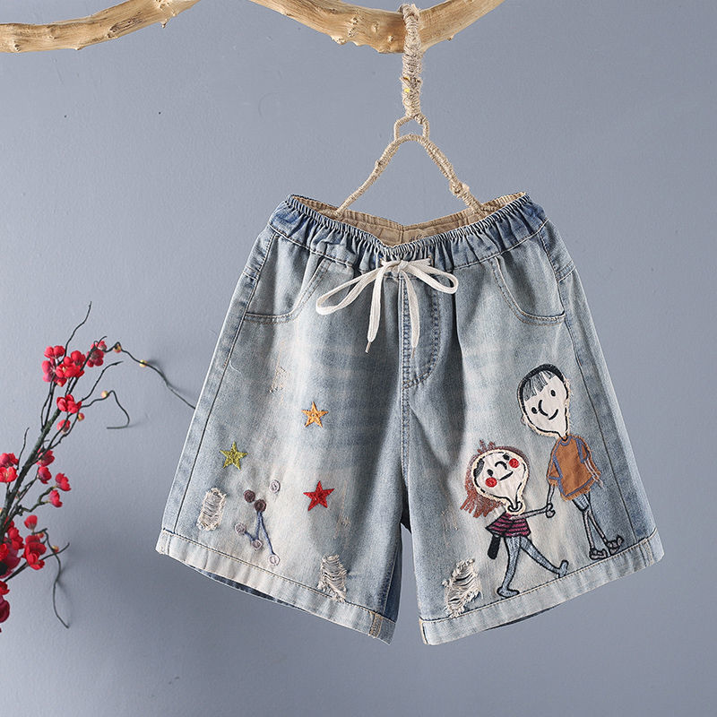 Alsidige shorts med elastiktalje, broderede huller og brede ben i vintage-stil
