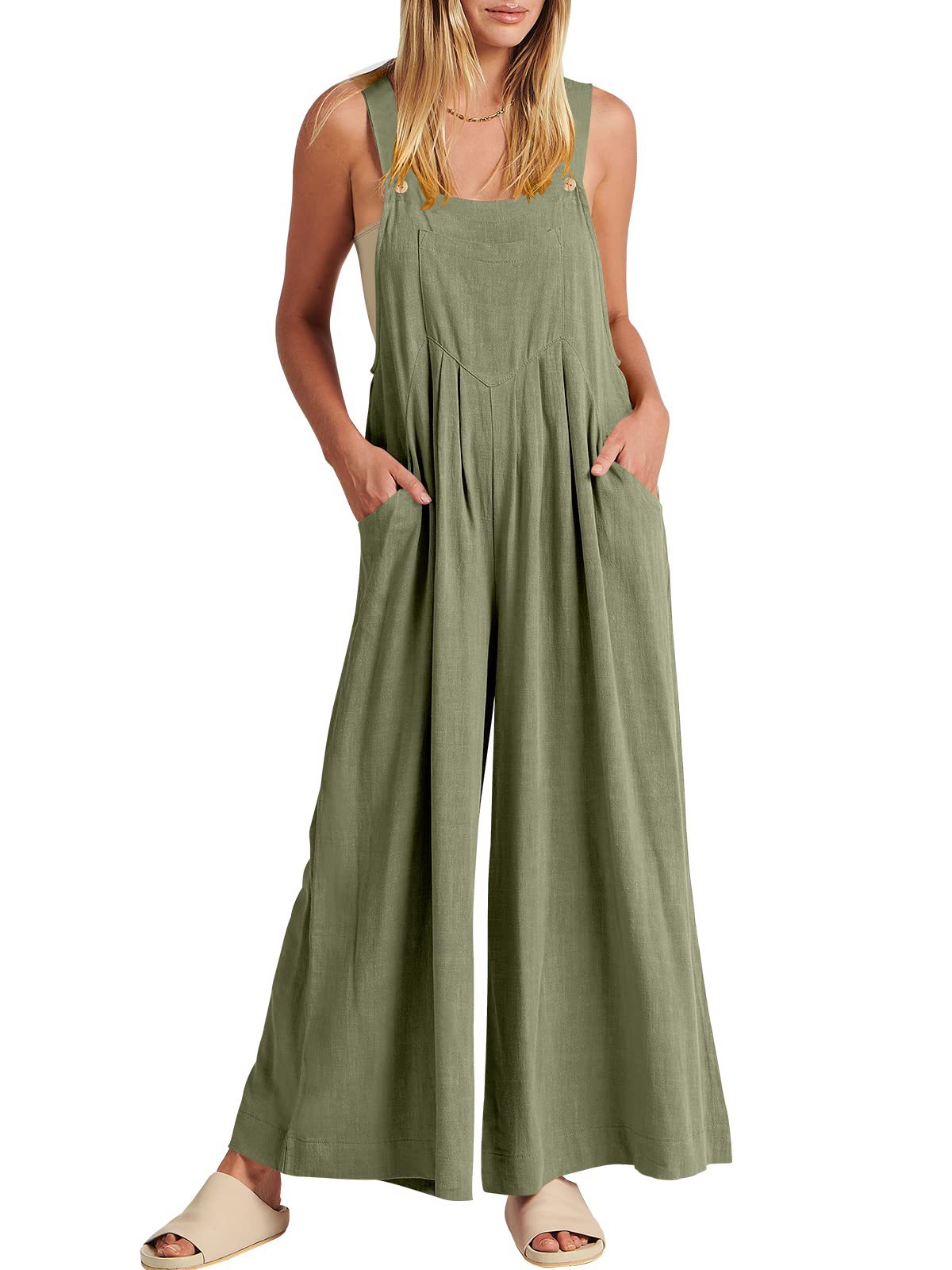 Women's Solid Color Loose Casual Cotton And Linen Suspender Jumpsuit