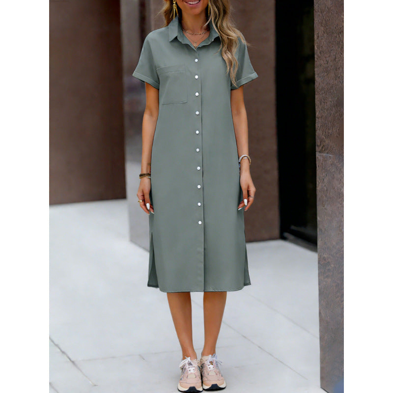 Mid-length Button-up Shirt Dress With A Lapel Collar
