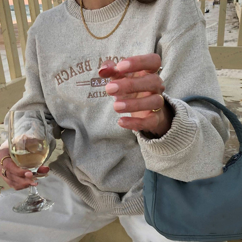American Retro Women's Fleece Long Sleeve Round Neck Sweater
