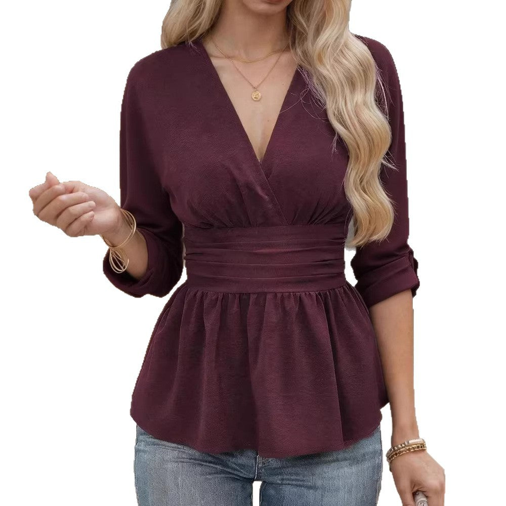 Womens Solid-Color Long-Sleeve Pullover T-Shirt With Tummy-Control Design