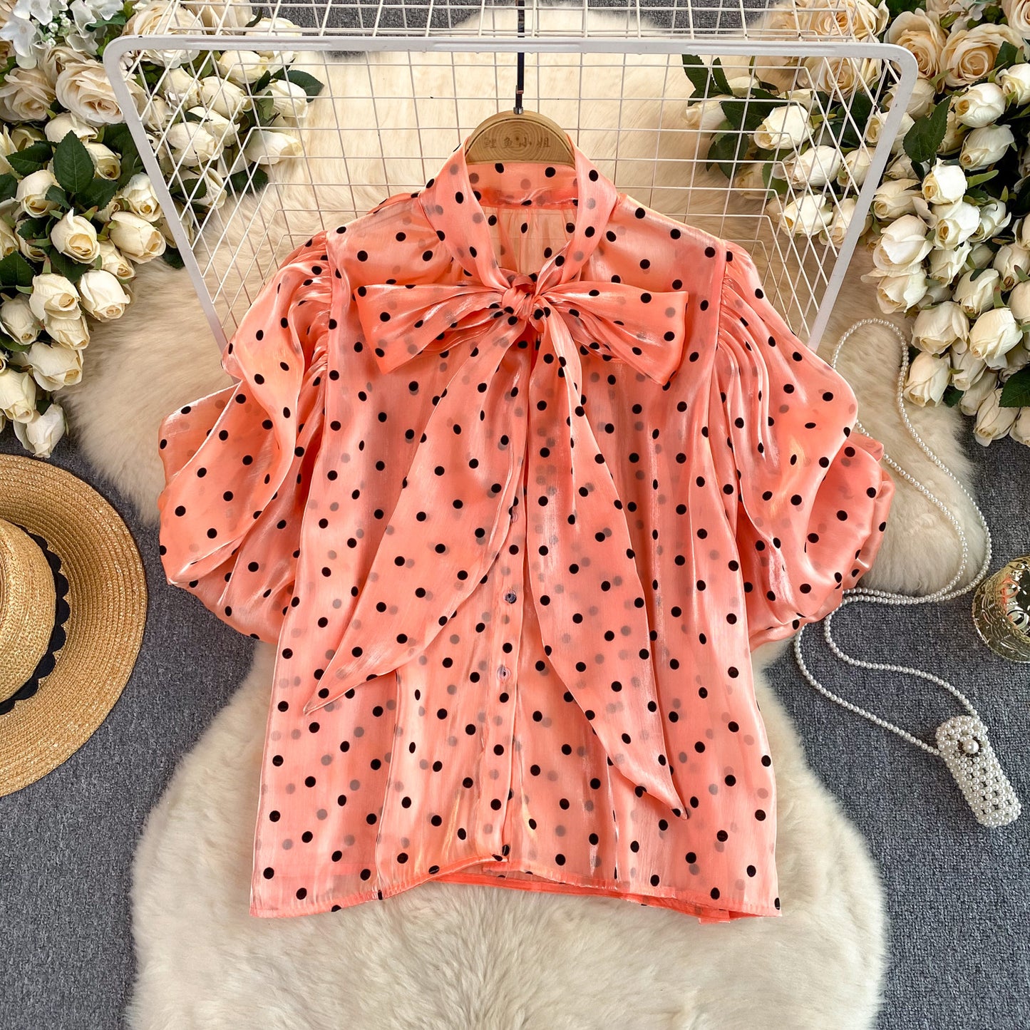 French Style Retro Dots Shirt Female Sweet Bow Collar
