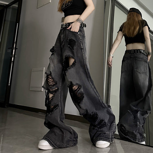 Dark black denim ripped wide leg jeans