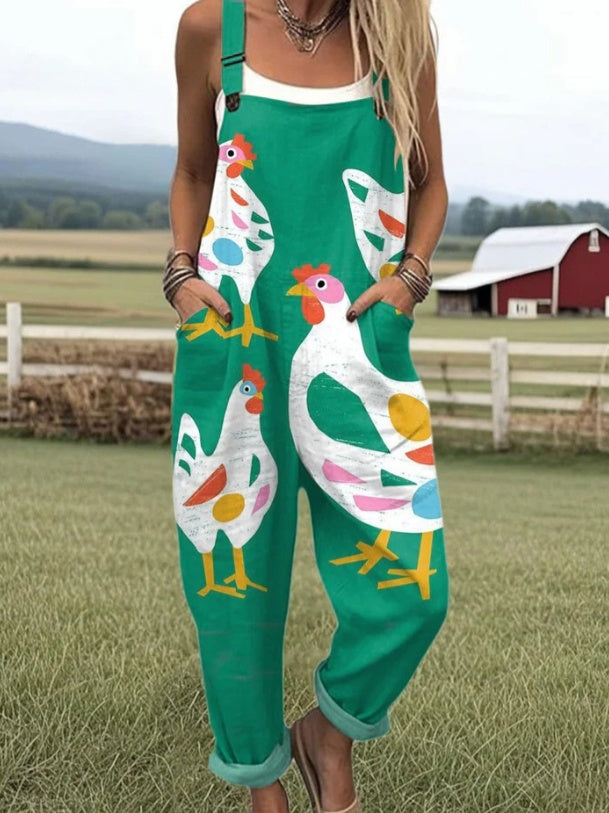 Printed Women's Suspenders Vest With Pockets Floral Jumpsuit