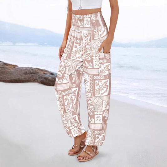 Jumpsuit med smocksyet talje, print og brede ben