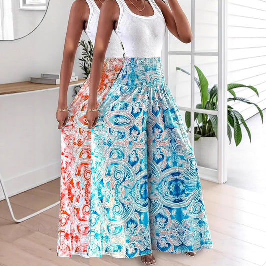 Peris Patterned High Waisted Elasticated Slim Fit A Line Wide Leg Flared Pants