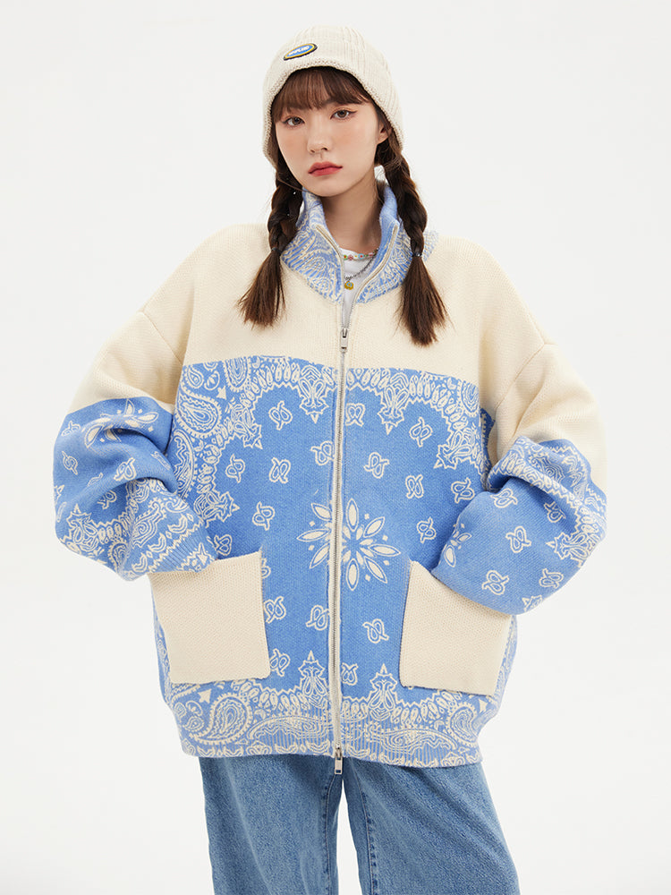 Loose Knit Cardigan Cashew Flower Casual Sweater Jacket