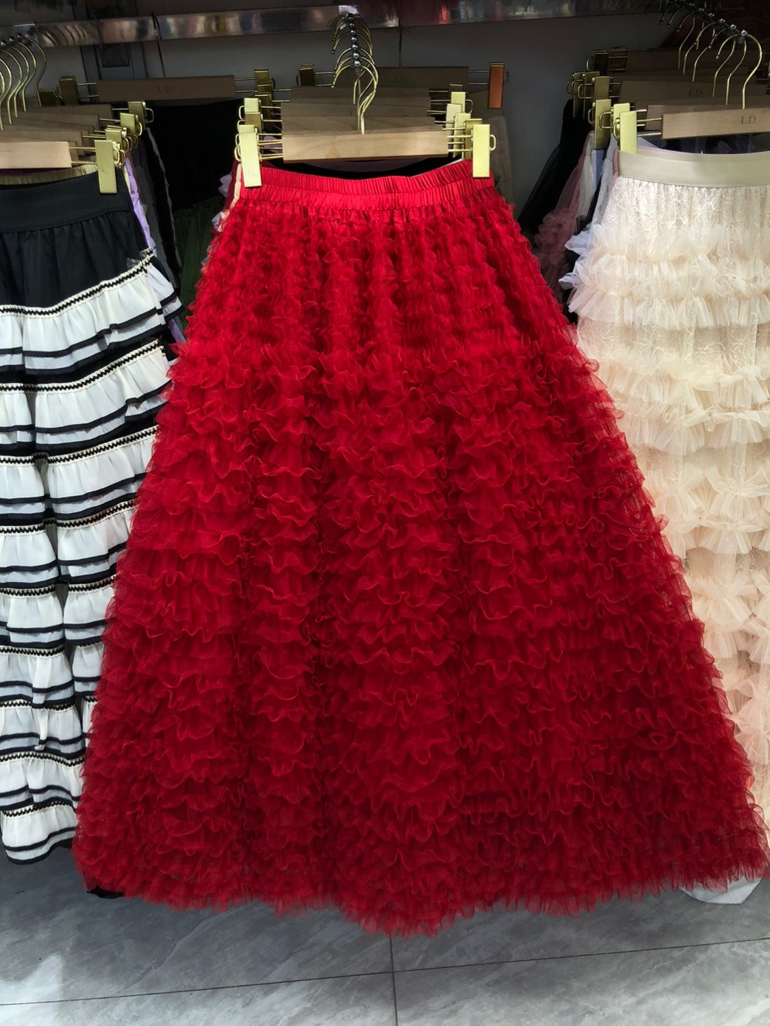 New Colorful Sweet Age-reducing Pleated Solid-color Mesh Midi Puff Skirt