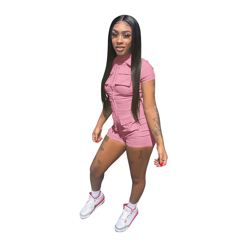 Women's Fashion Zipper Pocket Solid Color Work Jumpsuit