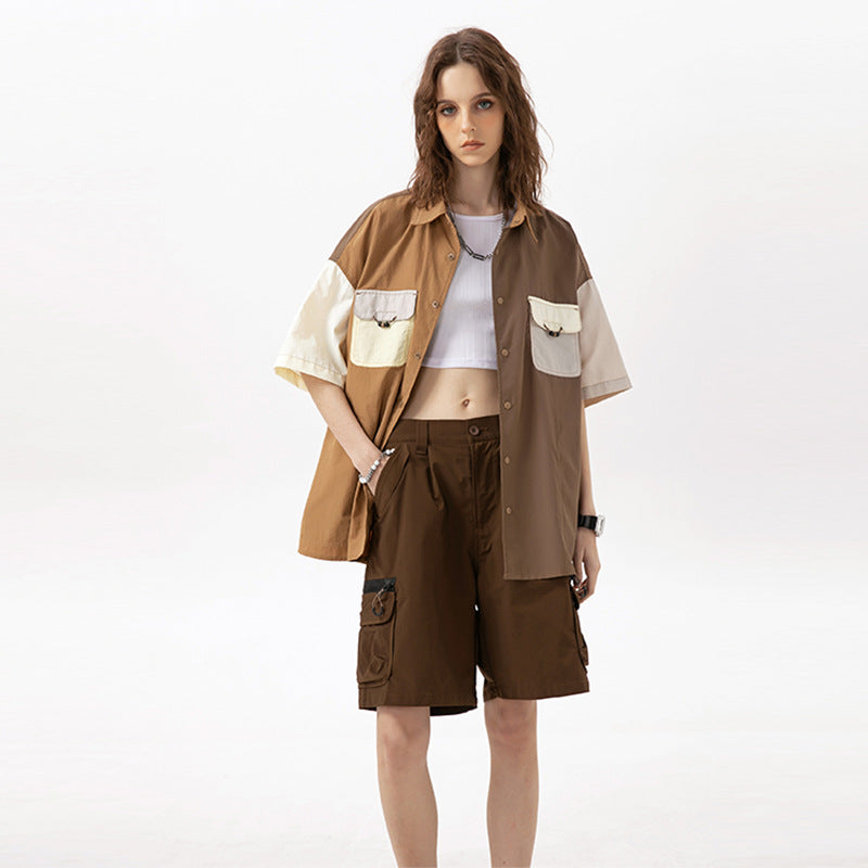 Tooling New Color-blocking Men's And Women's Same Style Over Loose Shirt