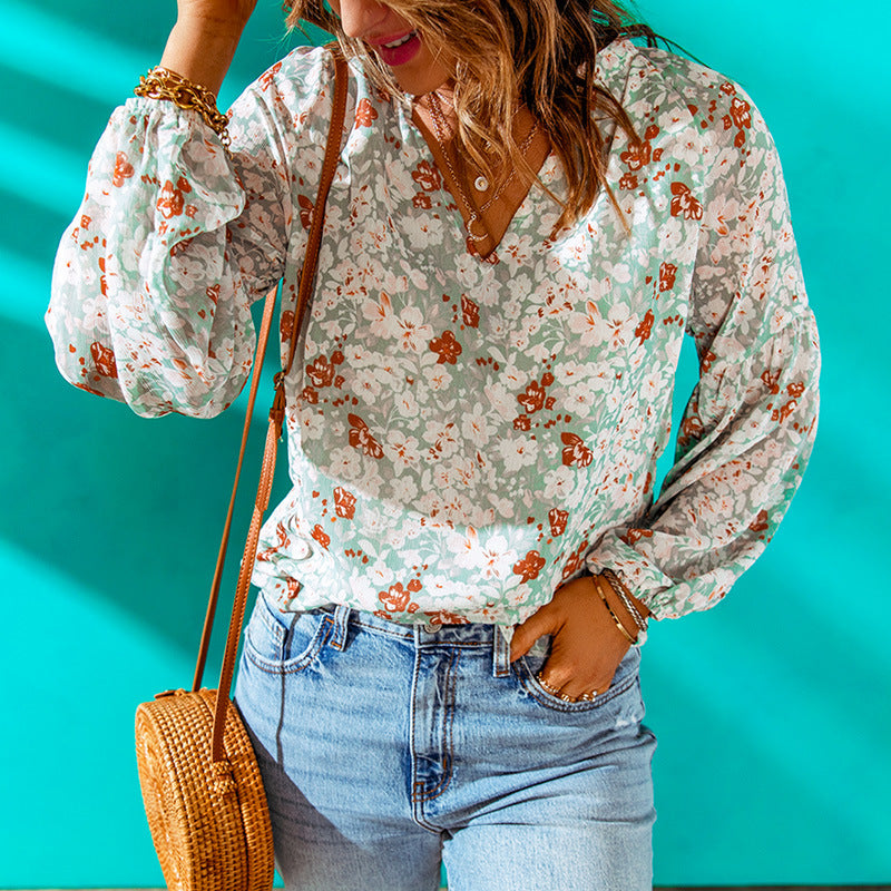 Dames Floral Chiffon Skjorte Løs V-hals Casual Top