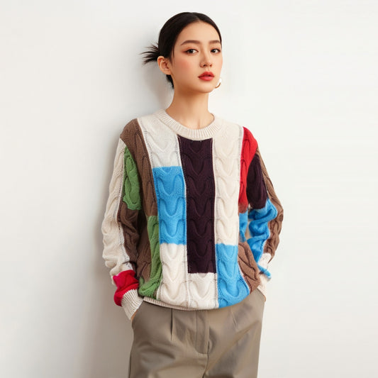 Contrast Color Round Neck Pullover Knitting Long Sleeve Outer Wear Blouse