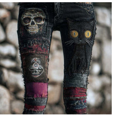 Womens Colorful Floral Faux Denim Pants