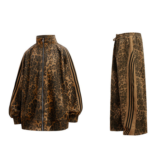 Leopardprintet Niche Ståkrave Lynlås Specialjakke Frakke Retro Sæt