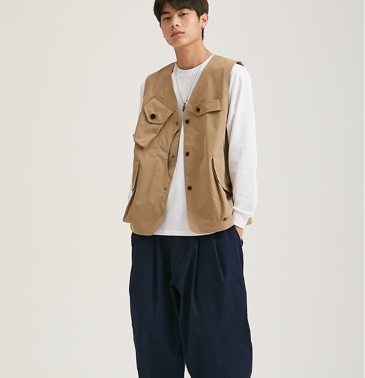 Fashion Japanese Workwear Vest With Multiple Pockets