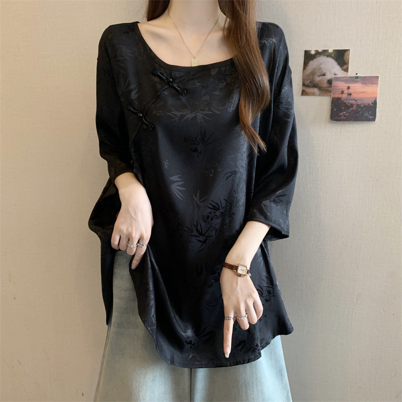 Women's Vintage Jacquard Blouse With Chinese-style Button Closure, New Chinese-style Top