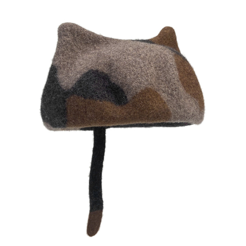 Cute Little Tail Cat Ears Wool Beret Fashion Octagonal Cap