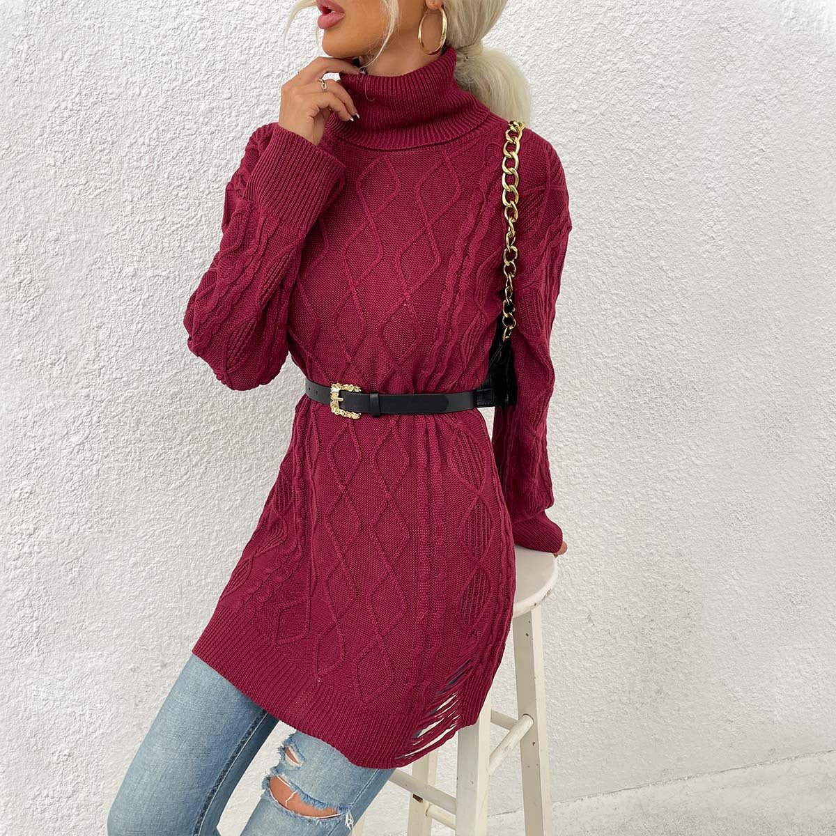 Womens Sweater Chunky-Knit Diamond-Pattern Sweater Dress