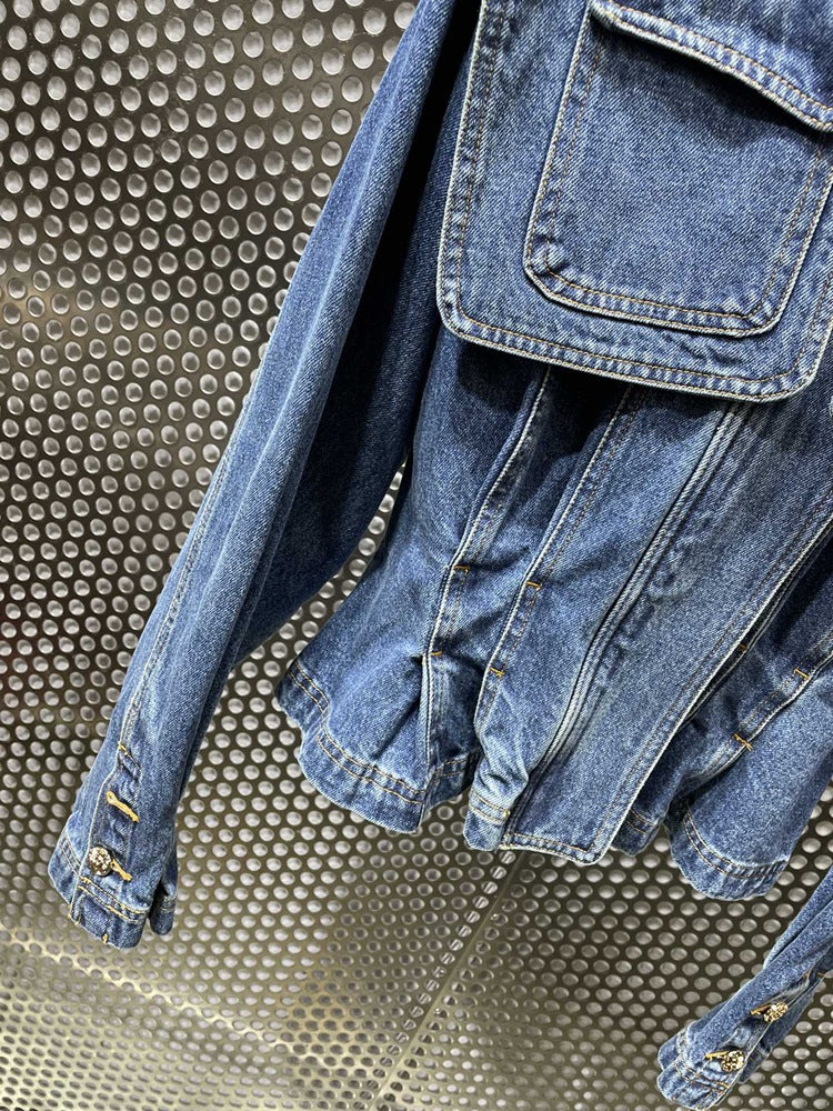 Distressed Stitching Pocket Denim Jacket With Waist