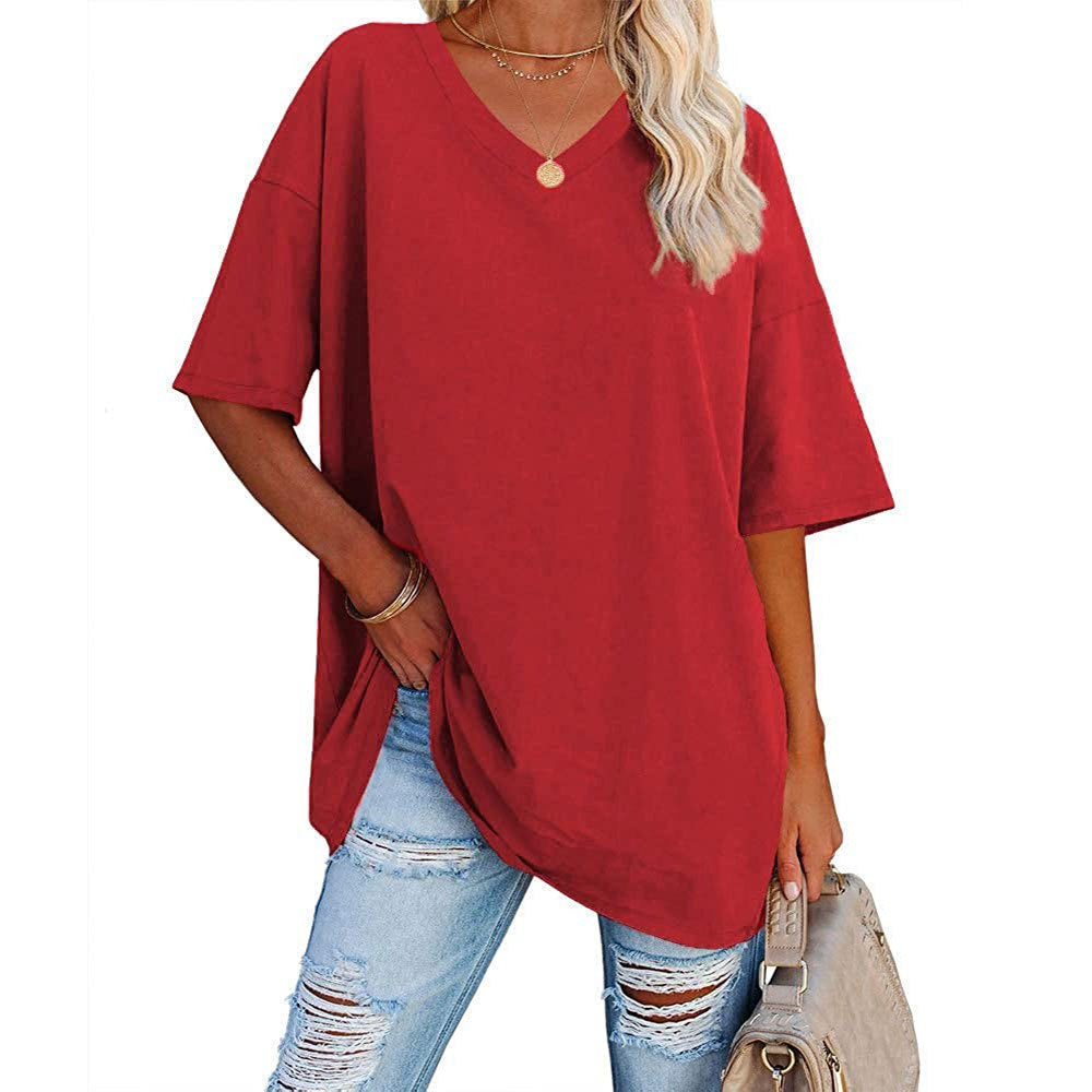 European And American Women's Loose Short-sleeved V-neck T-shirt