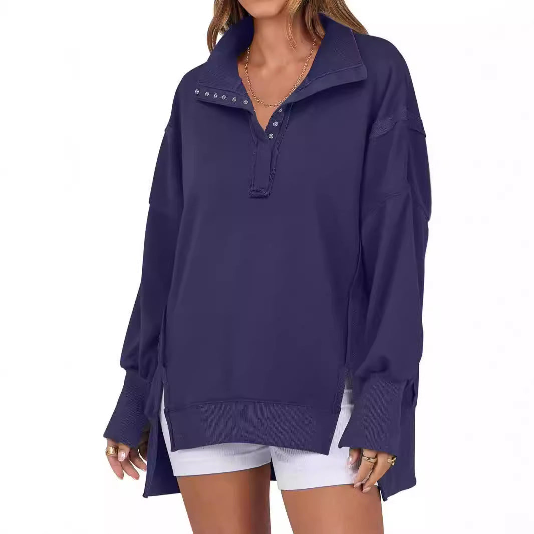 Decorative Moulding Design Blouse Split Lantern Sleeve Polo Collar Sweatshirt