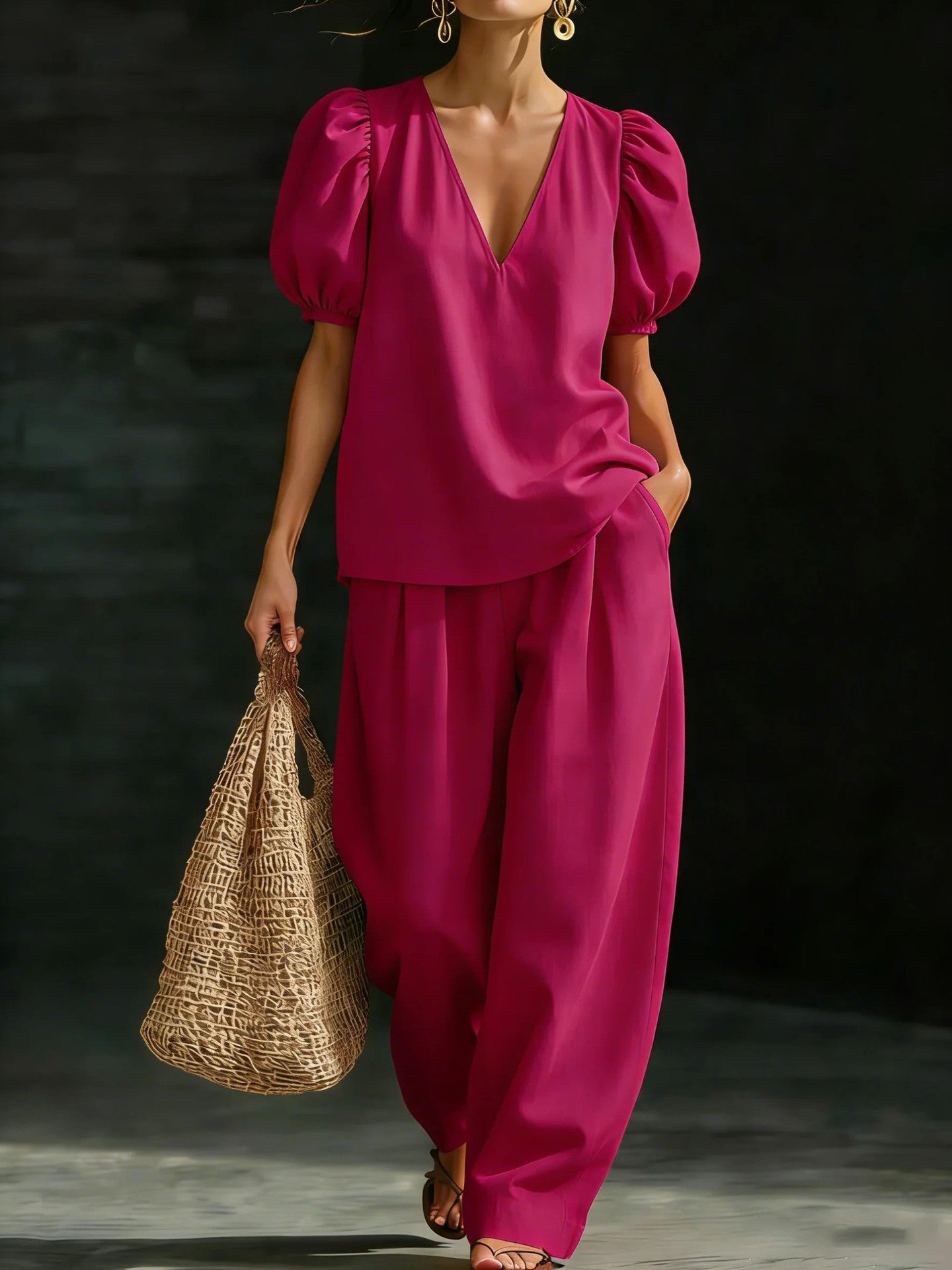 V-Neck Short-Sleeve Fashionable Casual Womens Set
